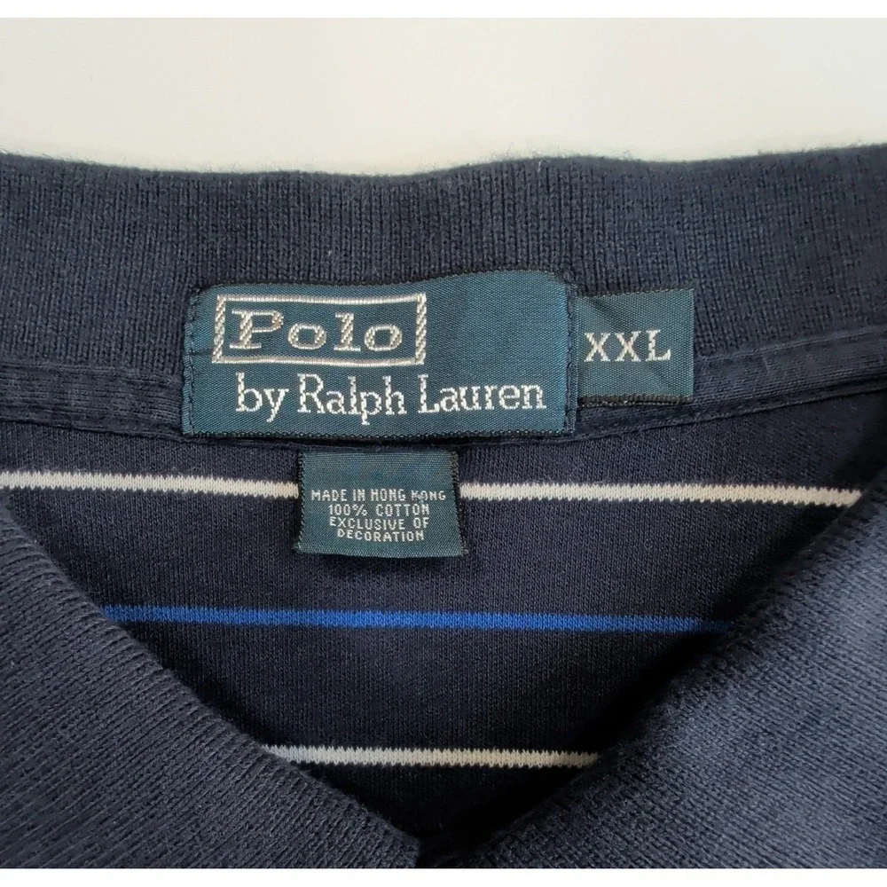Vintage Ralph Lauren Polo Shirt Mens 2XL Navy Blue Striped Cotton Preppy XXL